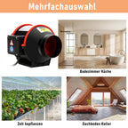Kanalventilator mit Fernbedienung, Durchmesser 100 mm/150 mm, ABS-Gehäuse mit Kupfermotor, 220 V, geräuscharmer Kanalventilator, geeignet für Badezimmer, Toiletten, Gewächshäuser und Küchen (schwarz-rot)