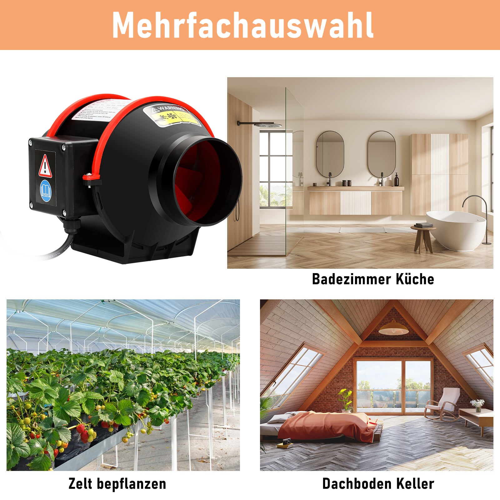 Kanalventilator mit Fernbedienung, Durchmesser 100 mm/150 mm, ABS-Gehäuse mit Kupfermotor, 220 V, geräuscharmer Kanalventilator, geeignet für Badezimmer, Toiletten, Gewächshäuser und Küchen (schwarz-rot)