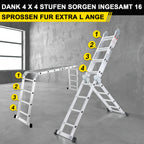 Multifunktionsleiter aus Aluminiumlegierung, Multifunktionsleiter mit Plattform, Leiter mit 2 Gerüstbrettern, Trittleiter mit einer Tragkraft von 150 kg, silberfarben, wahlweise mit 4x3/4×4 oder 4×5 Sprossen.