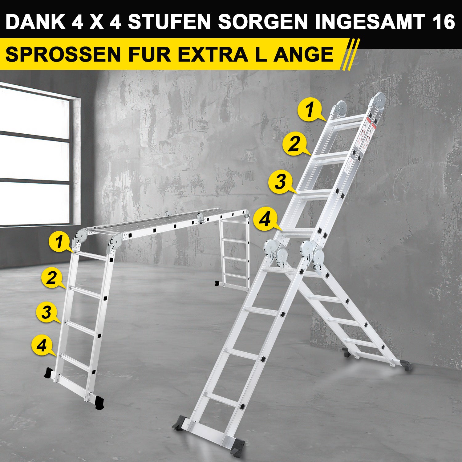 Multifunktionsleiter aus Aluminiumlegierung, Multifunktionsleiter mit Plattform, Leiter mit 2 Gerüstbrettern, Trittleiter mit einer Tragkraft von 150 kg, silberfarben, wahlweise mit 4x3/4×4 oder 4×5 Sprossen.