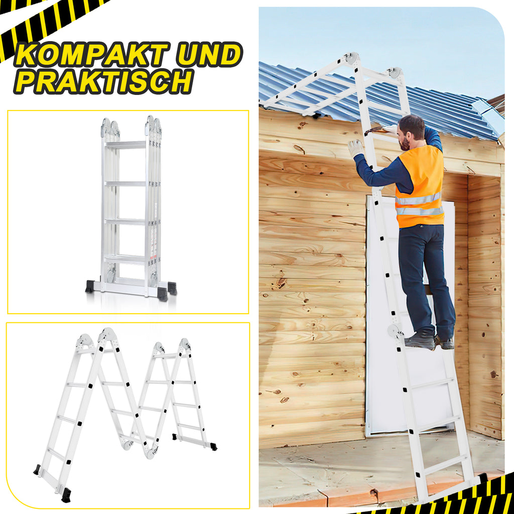 Multifunktionsleiter aus Aluminiumlegierung, Multifunktionsleiter mit Plattform, Leiter mit 2 Gerüstbrettern, Trittleiter mit einer Tragkraft von 150 kg, silberfarben, wahlweise mit 4x3/4×4 oder 4×5 Sprossen.
