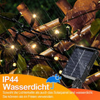 30/50/80/100 Meter lange Solar-Lichterkette für den Außenbereich, 300/500/800/1000 LED-Lämpchen, warmweißes Licht, USB-Aufladung und Solarstromversorgung, 8 Beleuchtungsmodi und Timer-Funktion, Schutzklasse IP44