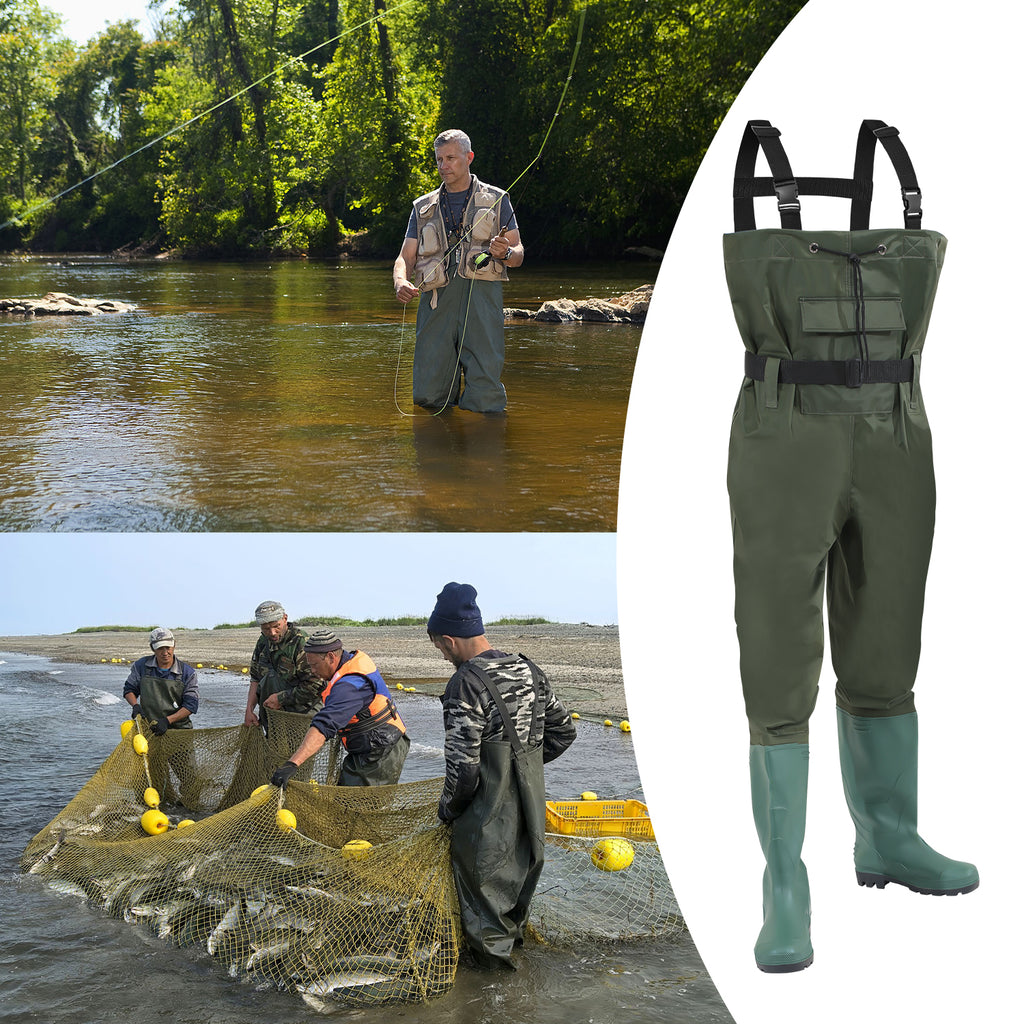 Wathose Herren Größen 42-47, Anglerhose 70D Nylon mit Stiefel, PVC Watthosen Wasserdichtl mit Haken, Angelhose mit Verstellbarer Schultergurt, Fischerhose für Baustellen, Gärten