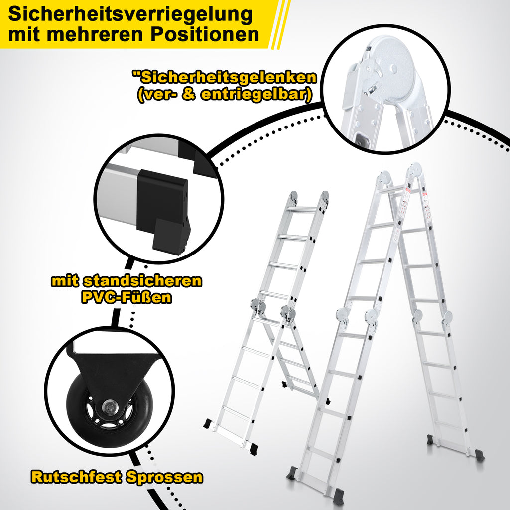 Multifunktionsleiter aus Aluminiumlegierung, Multifunktionsleiter mit Plattform, Leiter mit 2 Gerüstbrettern, Trittleiter mit einer Tragkraft von 150 kg, silberfarben, wahlweise mit 4x3/4×4 oder 4×5 Sprossen.