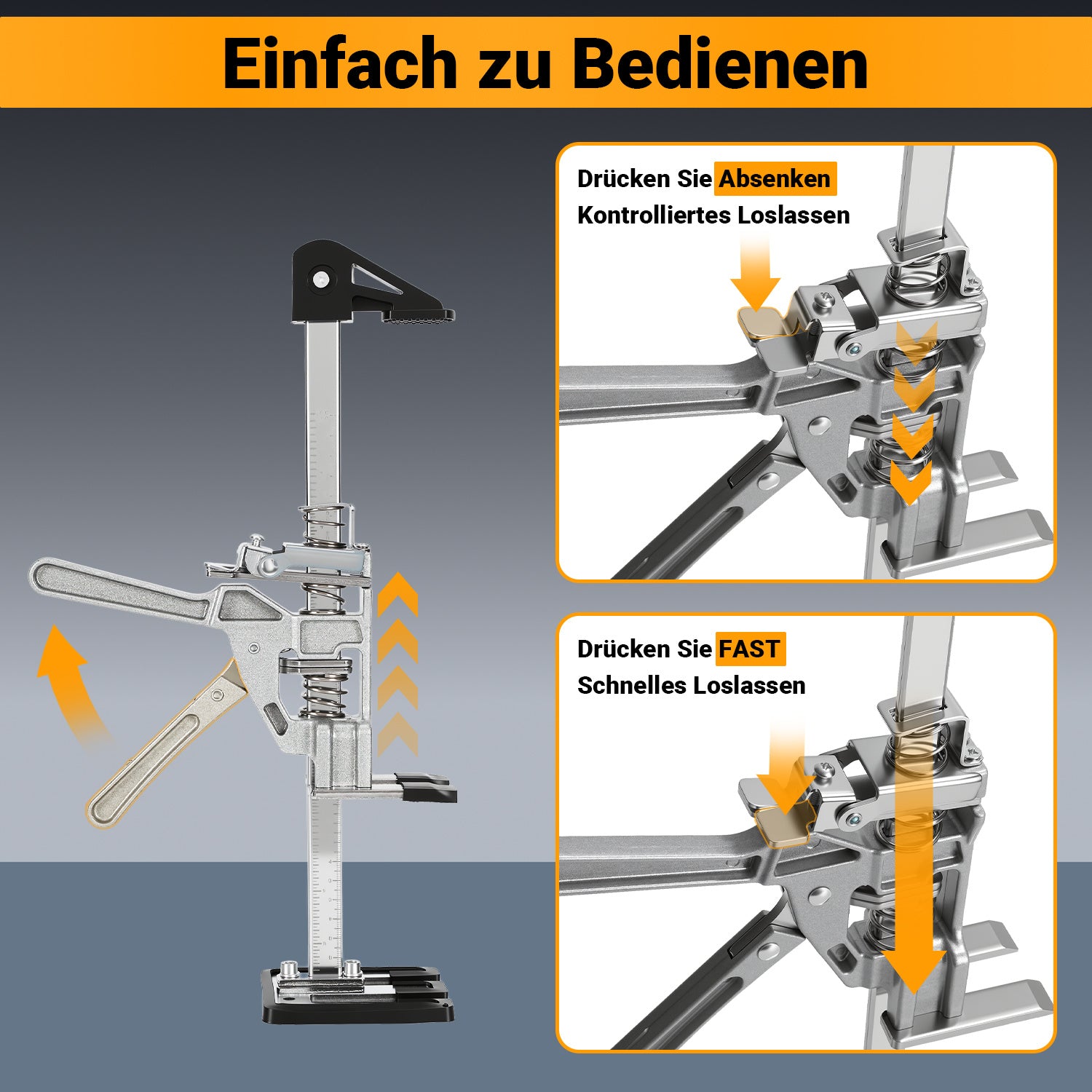 Arbeitssparender Möbelheber 2/4 Stück 38cm bis 200kg Handwerkzeugheber, Armwagenheber mit Skala & Doppelschnelligkeitsabsenkung, Hub 0-230mm, Klemmkopf & rutschfesten Gummipads