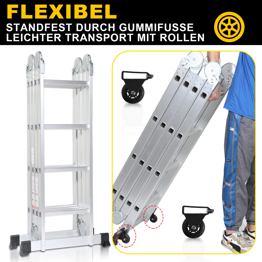 Multifunktionsleiter aus Aluminiumlegierung, Multifunktionsleiter mit Plattform, Leiter mit 2 Gerüstbrettern, Trittleiter mit einer Tragkraft von 150 kg, silberfarben, wahlweise mit 4x3/4×4 oder 4×5 Sprossen.
