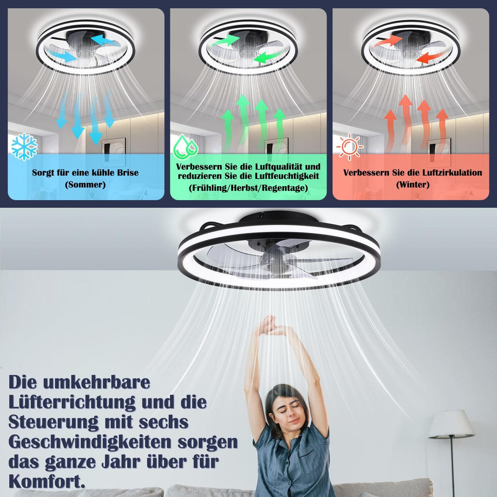 2 in 1 Deckenventilator Mit Beleuchtung und leise, φ50cm Deckenleuchte mit Ventilator, dimmbar, App und Fernbedienung, 6-Gang, Timer, Für Schlafzimmer Wohnzimmer Esszimmer