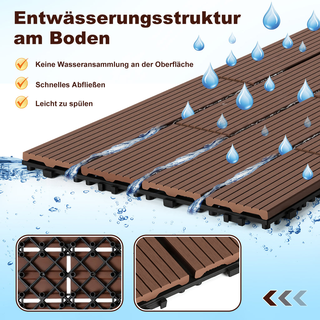 30 x 60 cm WPC-Terrassenfliesen , Klick-Verlegesystem, Teakholzfarben/Rotbraun/Dunkelgrau, 1–5 m² | WPC-Fliesen, Balkonfliesen, witterungsbeständige Platten mit Entwässerungsfunktion, einfache Verlegung, geeignet für Terrassen, Balkone und Gärten