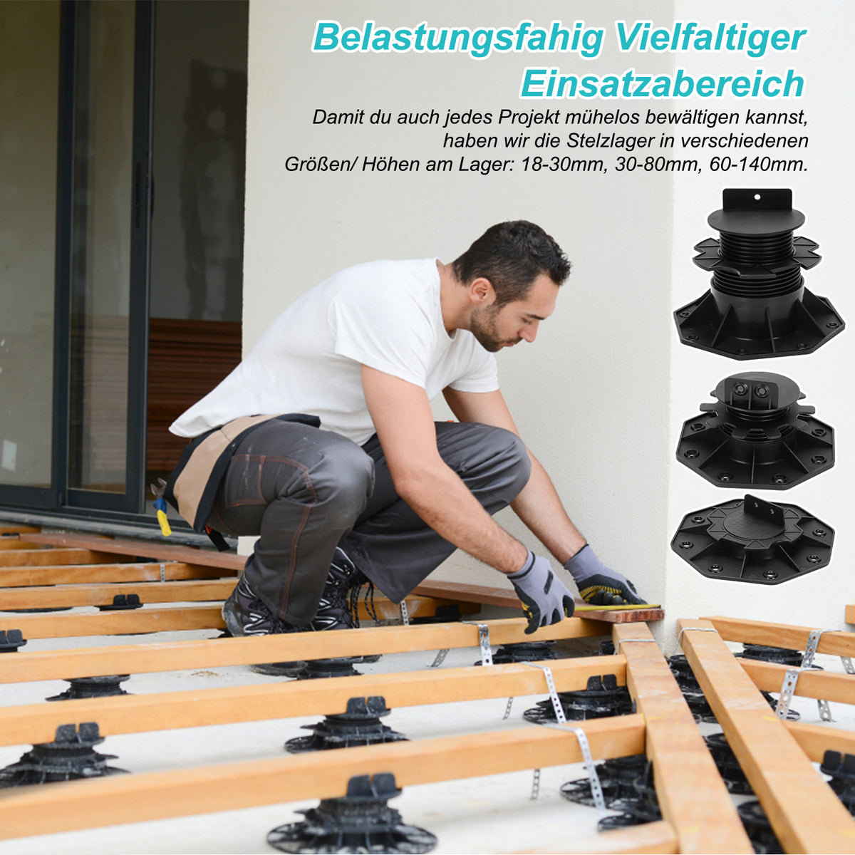 30–60 mm hohe Stützfüße, höhenverstellbar, verstellbare Stützfüße, plattenförmige Stützfüße – geeignet für Holz-, WPC- und Steinuntergründe von Terrassenfliesen