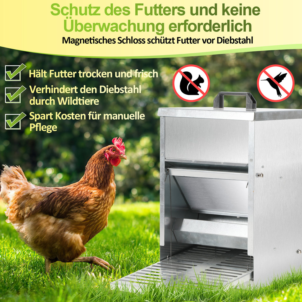 5-kg-Futterautomat für Hühner – Automatischer Futterautomat mit Fußschalter und Mäuseschutz, wasserdichter, verzinkter Futterbehälter für Hühner, Enten und Geflügel – Futtertrog mit Deckel, rostfrei und wetterfest