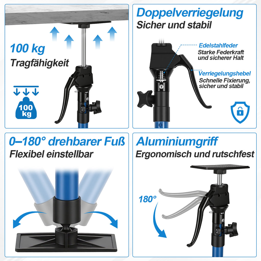 60–115 cm Stützstange für Tischlerarbeiten, inklusive Aufbewahrungstasche | Tragkraft 100 kg, 3-stufige Höhenverstellung, Hilfswerkzeug für die Schrankmontage, inklusive Aufbewahrungstasche