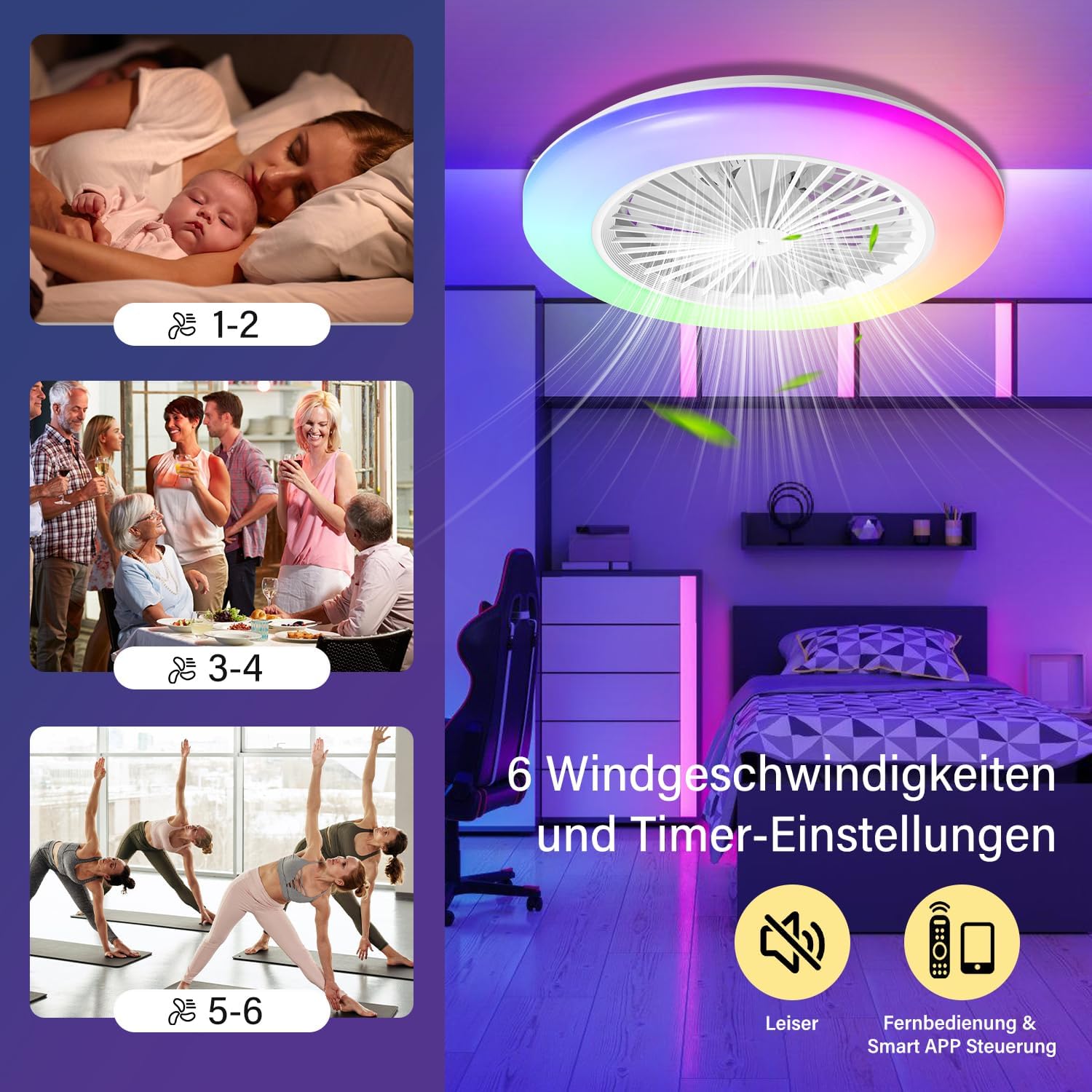 Deckenventilator Mit Beleuchtung, Smart RGB LED Fan Licht, φ50cm Deckenleuchte mit Ventilator, dimmbar, App und Fernbedienung, 6-Gang, 3 Farbtemperatur, Timer, Sommer/Wintermodus
