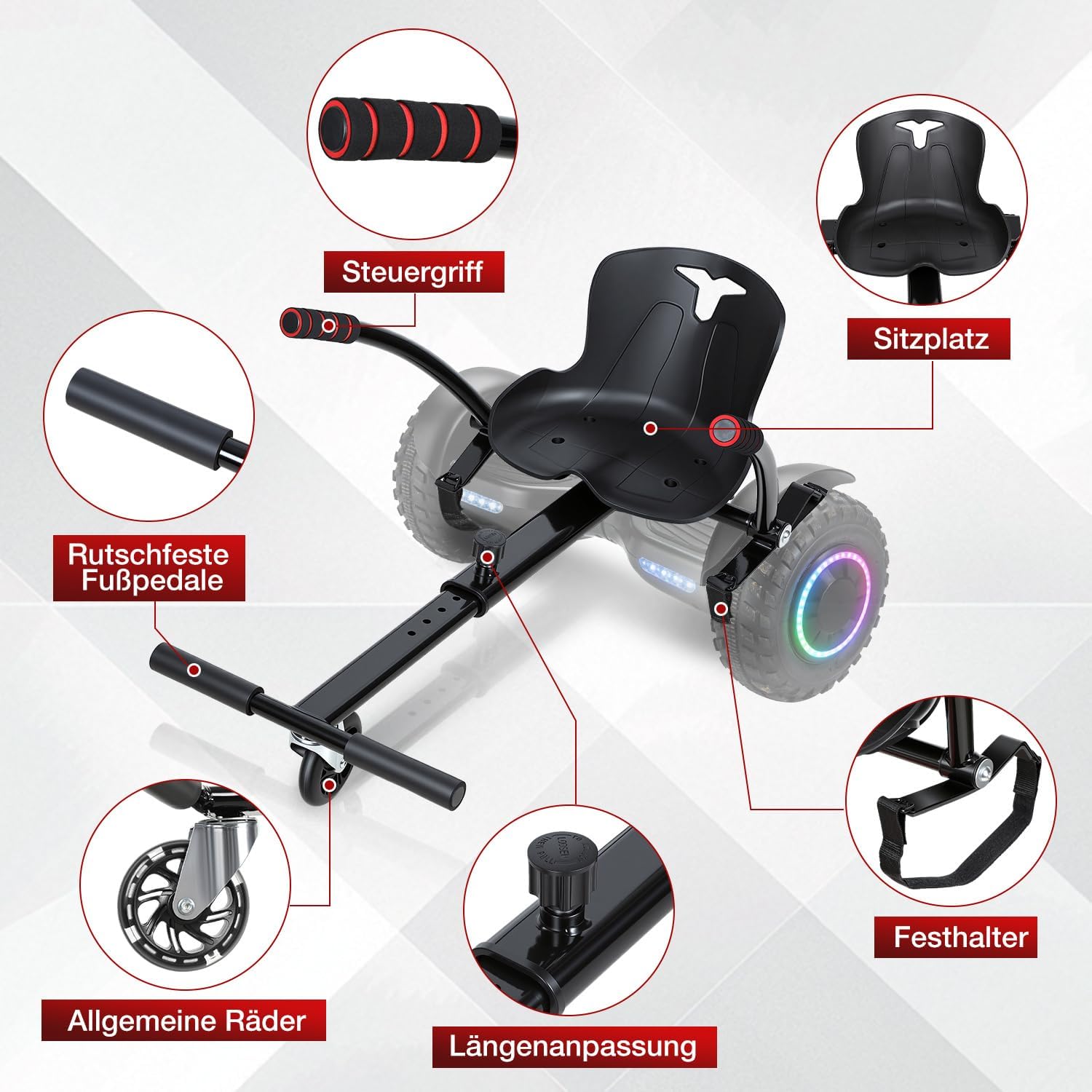 Hoverboard-Sitz, Hoverboard mit verstellbarem Sitz, Sitz für 6,5- bis 10-Zoll-Hoverboards, Sitz für Elektro-Karts, Hoverboard-Kart-Sitze für Erwachsene und Kinder