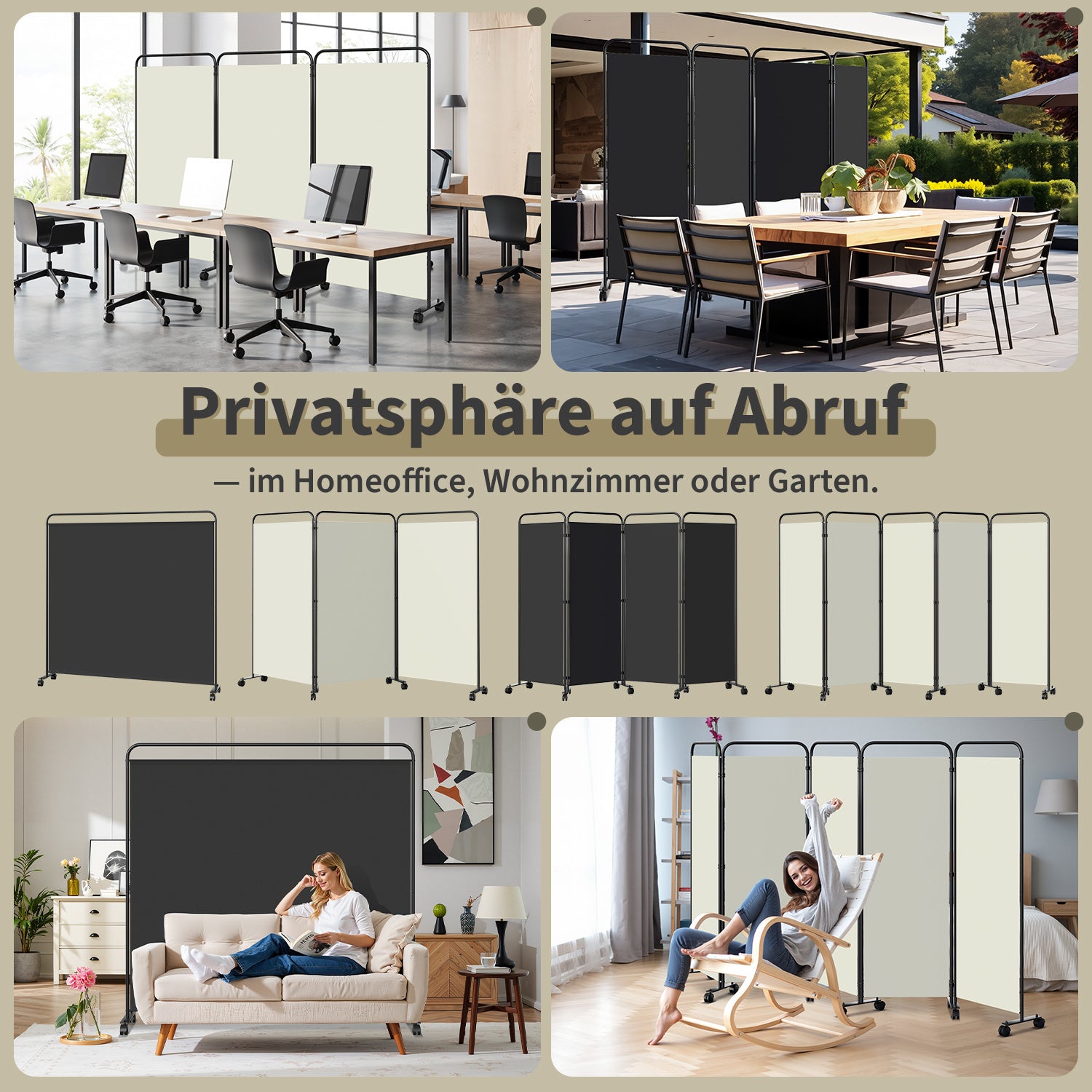 Rollbarer Raumteiler für Terrasse und Balkon, 360°-Raumteiler, Sichtschutz, zusammenklappbar und freistehend, geeignet für Garten, Büro und Terrasse, 185/228/263/284 cm