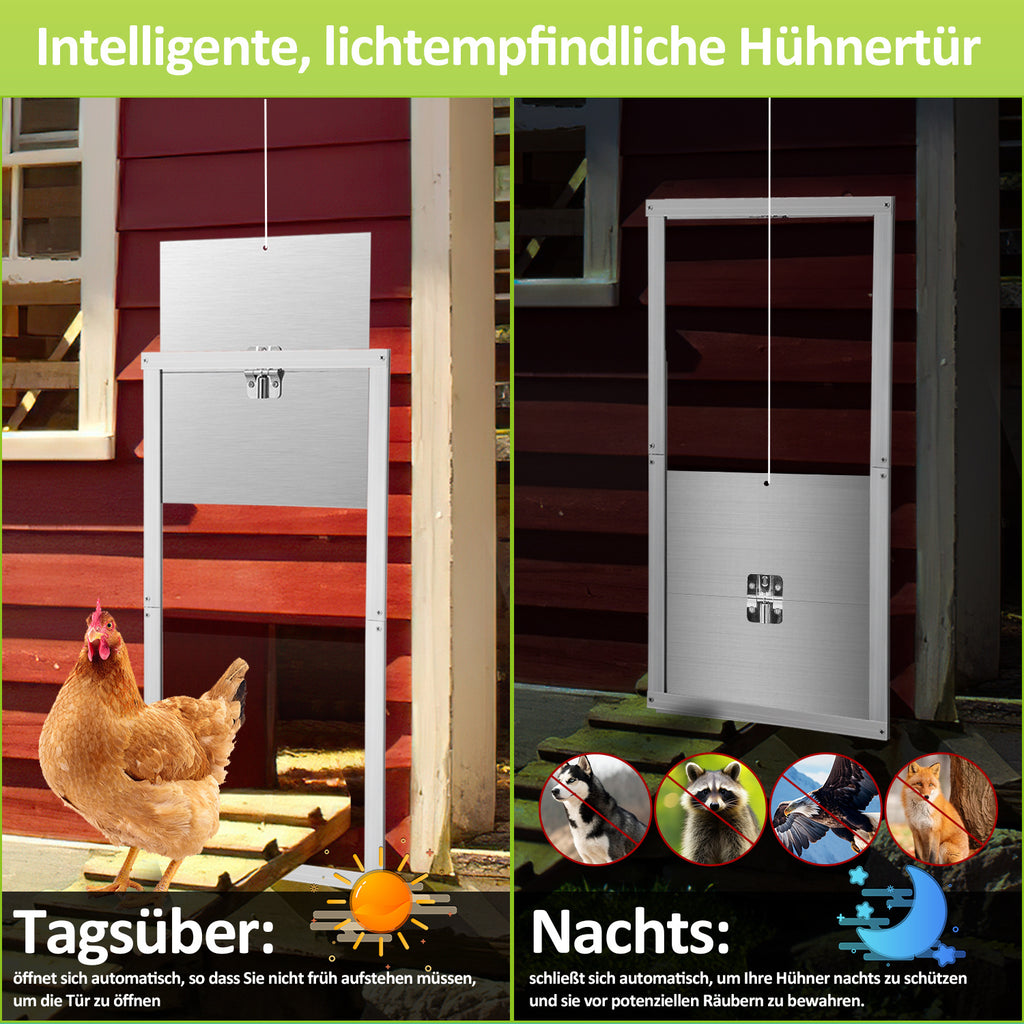 Automatisches Hühnerstalltür aus Aluminiumlegierung mit Fernbedienung, Zeitschaltuhr, manueller Steuerung und Lichtsensor – elektrisches Hühnerstalltür für Hühnerställe, Türöffnung 30 x 30 cm