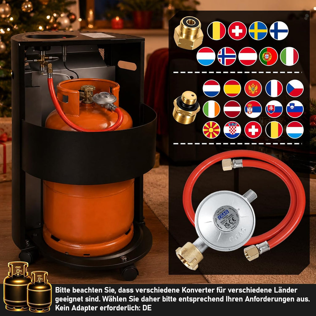 Gasheizung für Innenräume 4200W, Gasofen, 2 Stufen, 2 EU-Adapter Gasheizer mit Dreieckbrenner, Druckregler, Gasschlauch und 2 EU-Adaptern für Balkon, überdachte Terrasse und belüftete Räume