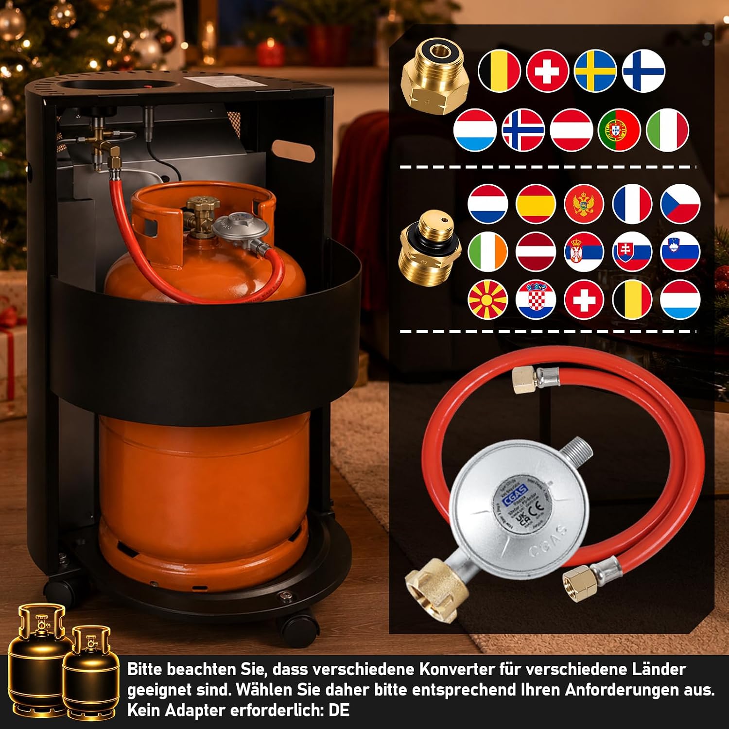 Gasheizung für Innenräume 4200W, Gasofen, 2 Stufen, 2 EU-Adapter Gasheizer mit Dreieckbrenner, Druckregler, Gasschlauch und 2 EU-Adaptern für Balkon, überdachte Terrasse und belüftete Räume