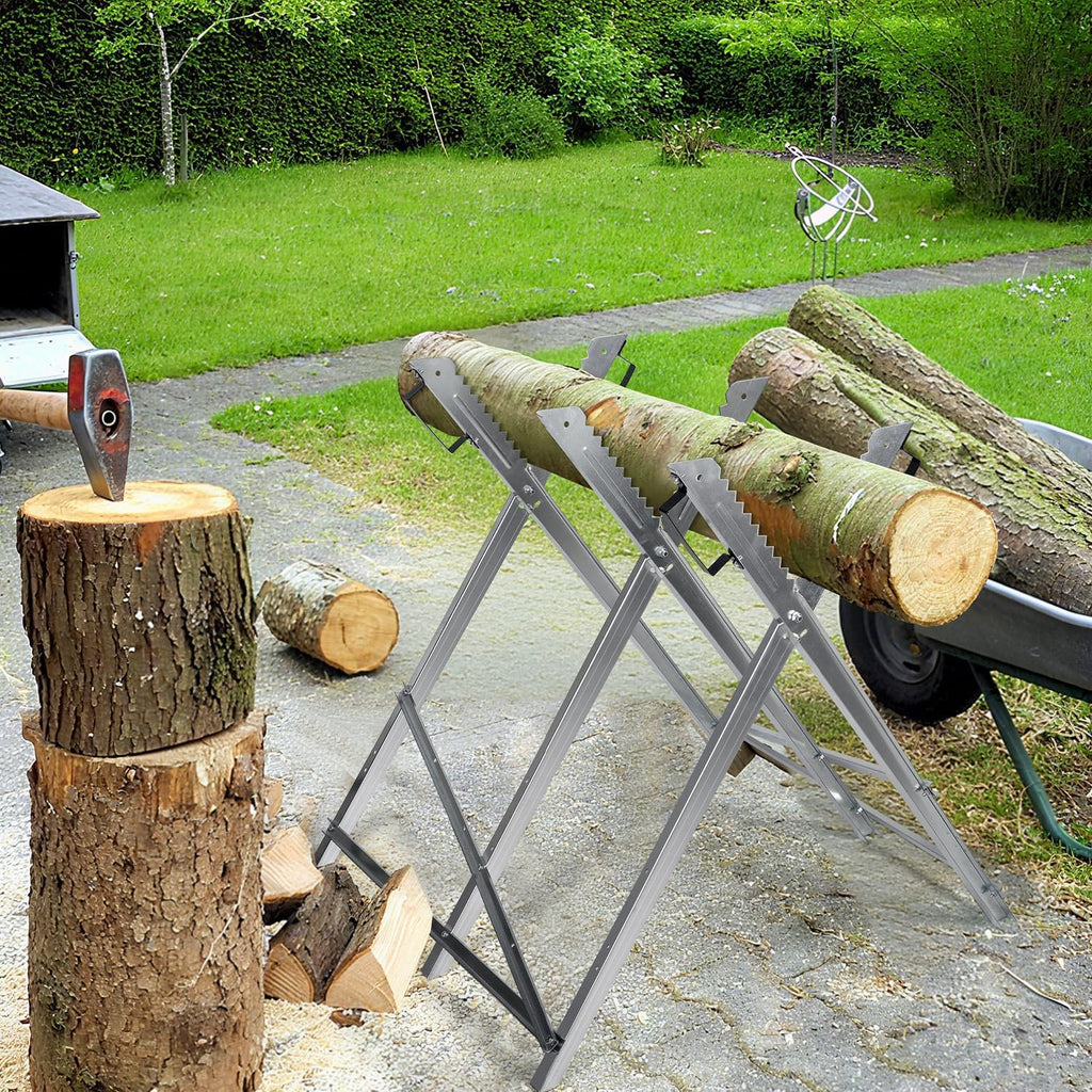 Sägebock, Sägebock aus Holz, Sägehilfsmittel, zusammenklappbar, 3 Stützen, verzinkter Sägebock mit Kettensägenhalterung, Sägebock, maximale Tragkraft 150 kg, geeignet für Sägewerke und Werkstätten