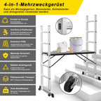 Gerüst, 4 in 1 Alu Multifunktionsleiter 6+6 Stufen, Mobile Mehrzweckleiter mit Plattform und 2 Räder, Arbeitsgerüst, Arbeitsbühne, Belastbar bis max. 150 Kg