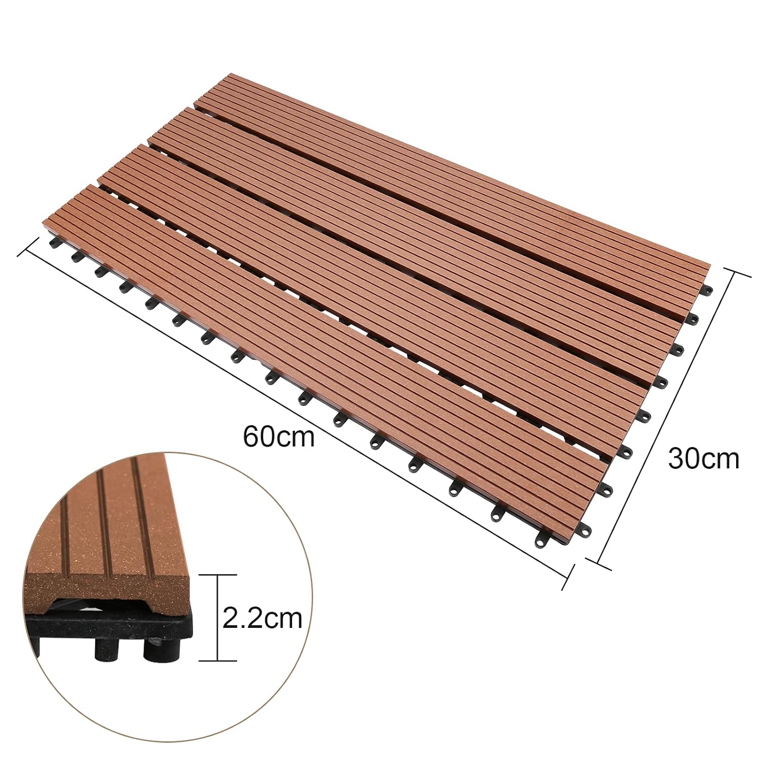WPC-Fliesen, 30 x 60 cm, Terrassenfliesen, Klickfliesen, Balkonfliesen mit Holzoptik, witterungsbeständige Platten mit Entwässerungsfunktion, geeignet für Terrassen, Balkone und Gärten, braun/rotbraun/dunkelgrau/teakfarben (6 Stück = 1 Quadratmeter)