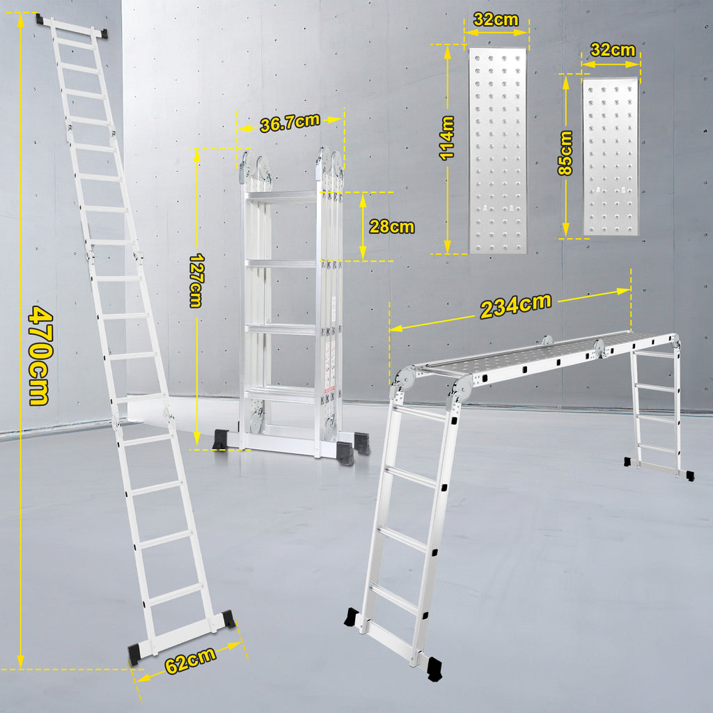 Multifunktionsleiter aus Aluminiumlegierung, Multifunktionsleiter mit Plattform, Leiter mit 2 Gerüstbrettern, Trittleiter mit einer Tragkraft von 150 kg, silberfarben, wahlweise mit 4x3/4×4 oder 4×5 Sprossen.