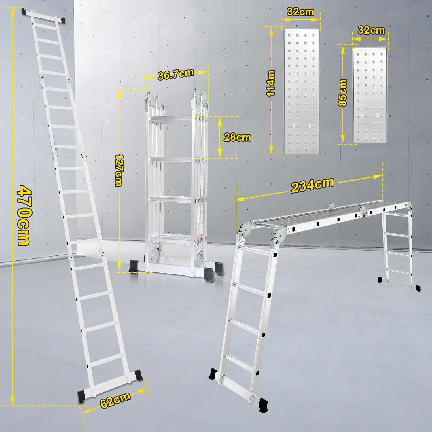 Multifunktionsleiter aus Aluminiumlegierung, Multifunktionsleiter mit Plattform, Leiter mit 2 Gerüstbrettern, Trittleiter mit einer Tragkraft von 150 kg, silberfarben, wahlweise mit 4x3/4×4 oder 4×5 Sprossen.