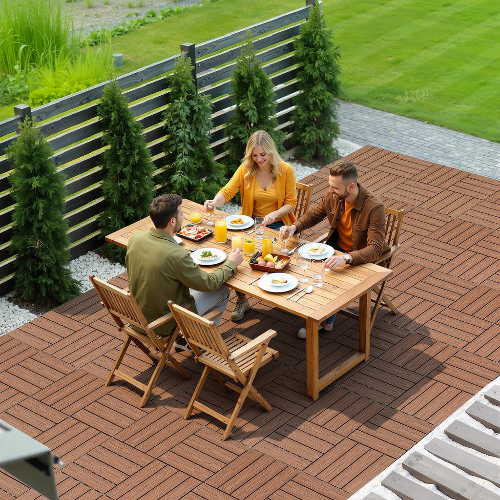 WPC-Terrassenfliesen in Holzoptik, 30 x 30 cm, WPC-Bodenfliesen, Terrassen- und Balkonfliesen mit Klicksystem und Entwässerungsfunktion, wasserfest und rutschfest, Teakholzfarben/Rotbraun/Dunkelgrau, 1–5 m²