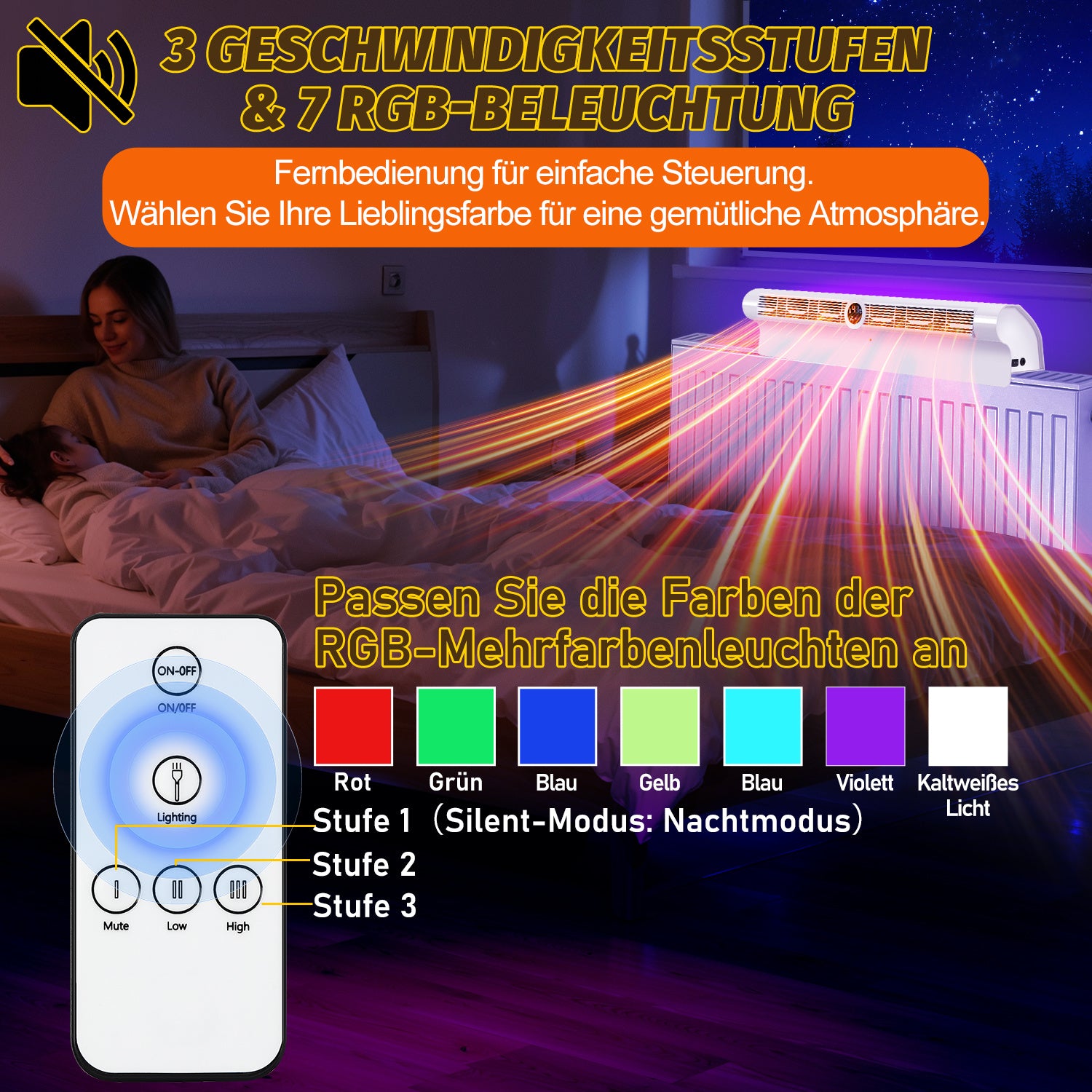 Heizkörper Ventilator Weiß - Energieeffizienter Wärmeverteiler mit 6 Lüftern, Automatischer Ein/Aus-Funktion, 3-Stufen-Regelung, RGB-LED und Fernbedienung für Schnelle Wärmeverteilung