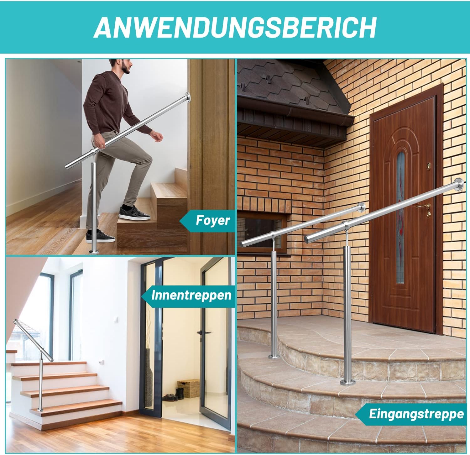 Eingangsgeländer Edelstahl Handlauf Treppengeländer Geländer Seitliche Montage Winkel Einstellbar Wandhandlauf, inkl.Montagematerial, Pflegeleicht Innen Außen Handlauf