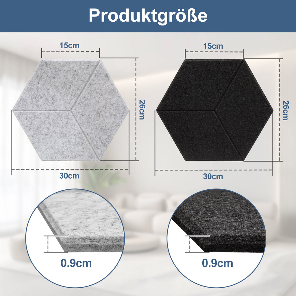 12–36 Stück selbstklebende Akustikplatten, schwarz/grau, aus hochdichtem Dämmmaterial, geeignet für Wandverkleidungen und Schallschutz, ideal für Tonstudios und die Wohnraumgestaltung, sechseckige Rautenform mit Rillen (30 x 26 x 0,9 cm)