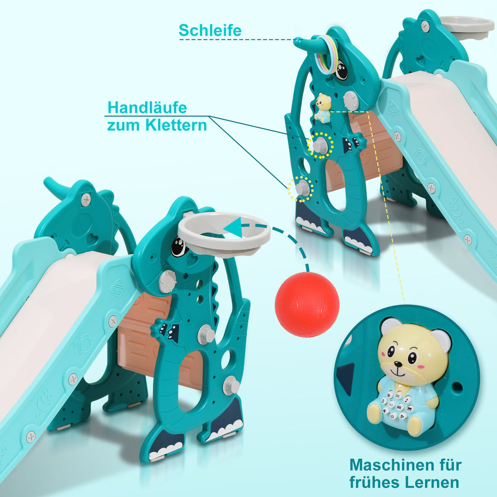 Kinderrutsche, zusammenklappbare Kinderrutsche, stabile Gartenrutsche mit Basketballkorb und Handläufen, lustige Kinderrutsche, für drinnen und draußen geeignete Kleinkindrutsche, grün