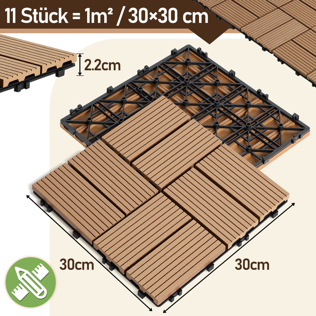 8 Streifen | 30 x 30 cm WPC-Terrassenfliesen 1–5 m², Teakholz-Optik/Rotbraun/Dunkelgrau | Wasserfeste, verlegbare und wasserdurchlässige Fliesen, geeignet für Balkone, Terrassen, Gärten und Außenbereiche