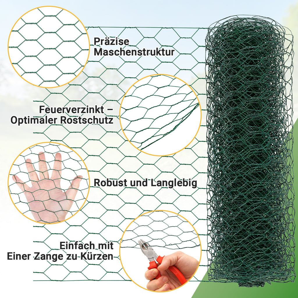 Sechseckgeflecht Maschendrahtzaun - Verzinkt mit Beschichtung, Kaninchendraht, Drahtzaun, Hasendraht - Sechseck Drahtgitter Maschenweite 27 mm, - Grün