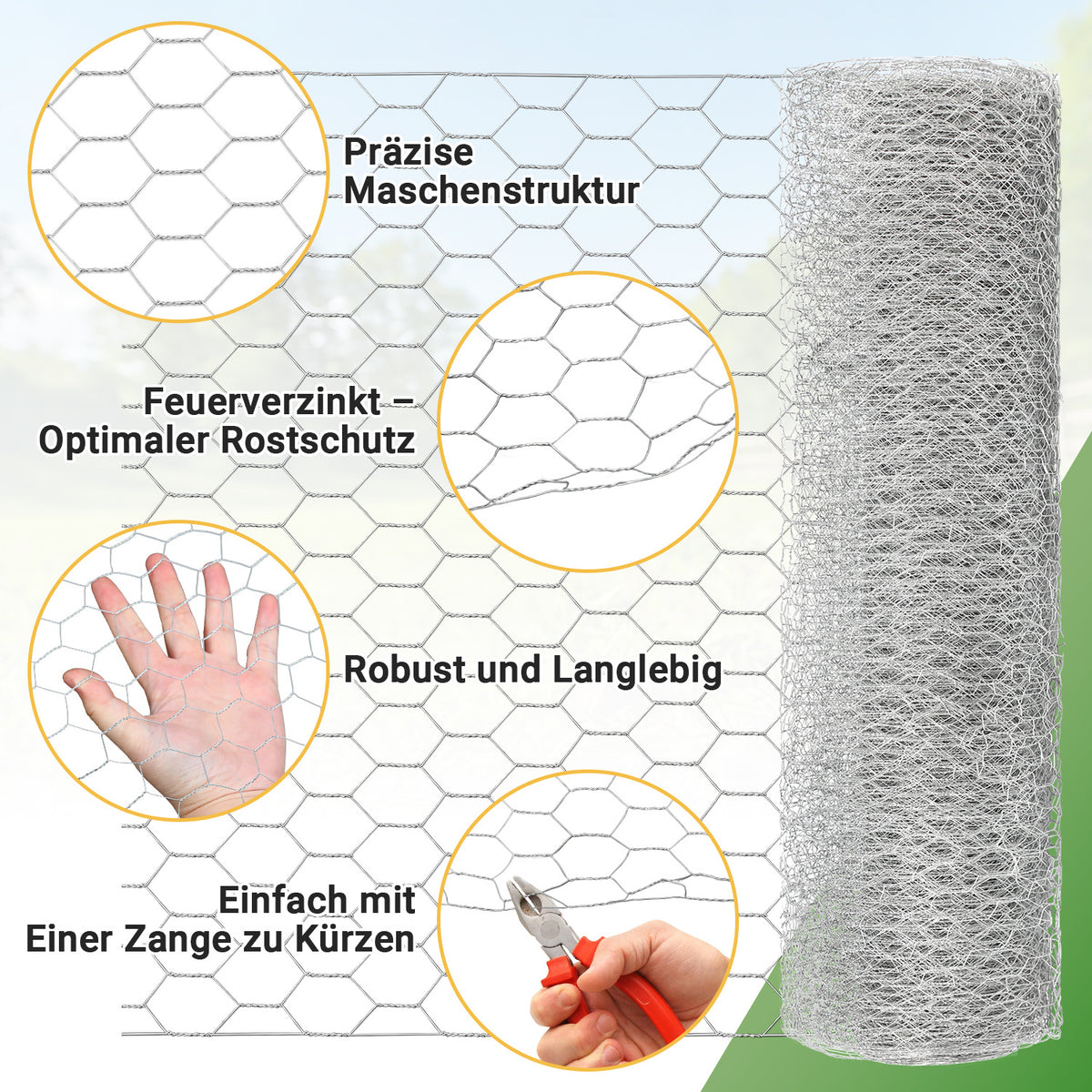 Sechseckgeflecht Maschendrahtzaun - Verzinkt Kaninchendraht, Drahtzaun, Hasendraht - Sechseck Drahtgitter Maschenweite 27 mm - Silbrig