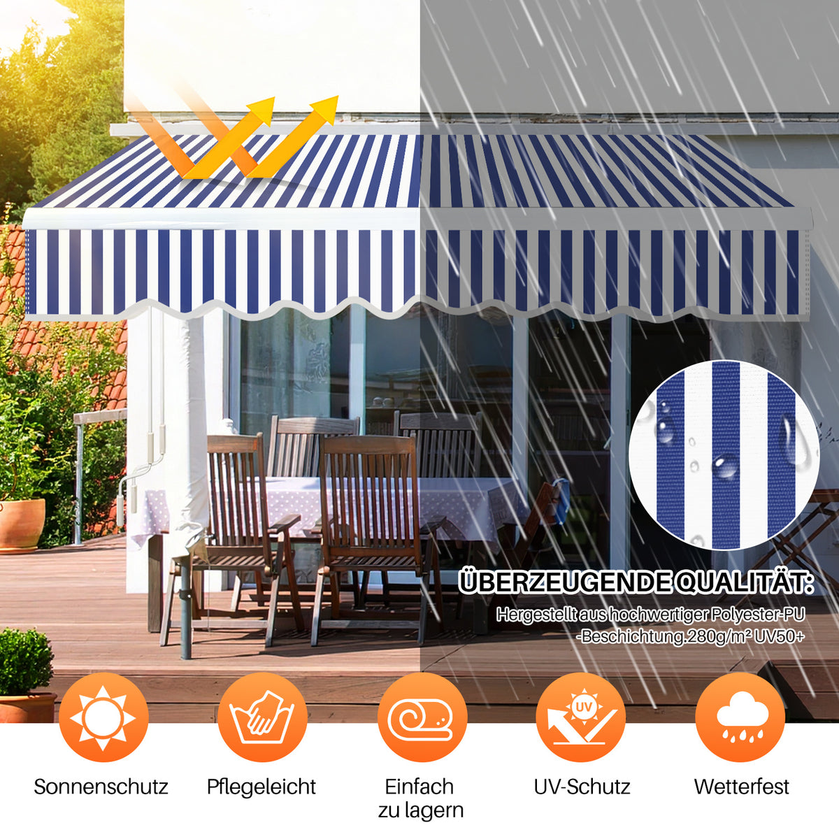 250 x 200 cm Manuelle Klappmarkise,  mit Kurbel, UV-beständig und wasserdicht, aus Aluminium/Polyester, geeignet für Balkon, Terrasse und Garten, in vier Ausführungen erhältlich