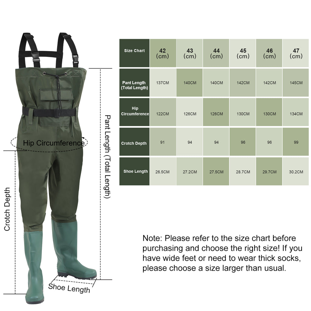 Wathose Herren Größen 42-47, Anglerhose 70D Nylon mit Stiefel, PVC Watthosen Wasserdichtl mit Haken, Angelhose mit Verstellbarer Schultergurt, Fischerhose für Baustellen, Gärten