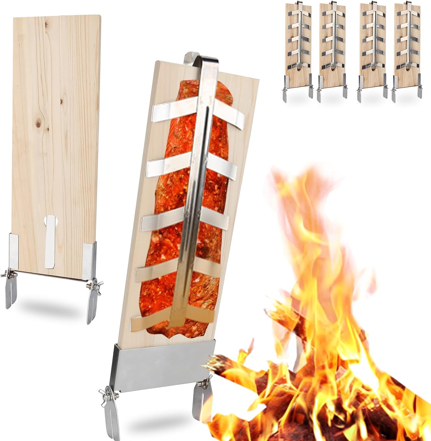 Wiederverwendbares Flammlachsbrett 2/4 Stück mit Edelstahlhalterung, Tannenholz Lachsbrett für Feuerschale & Grill, Verstellbarer Flammlachs Halterung für BBQ und Outdoor Camping