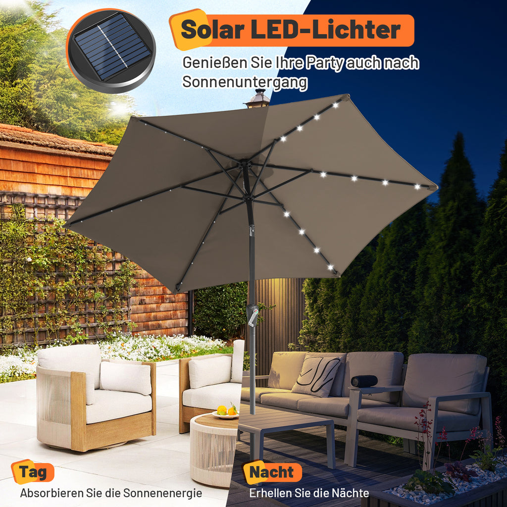 Sonnenschirm 270cm Anthrazit Solar LED Gartenschirm knickbar & ohne Ständer,Terassenschirm Neigungswinkel Sonnenschirme Großschirm für Balkon,Terrasse,Rundschirm mit kurbel, In fünf Farben erhältlich