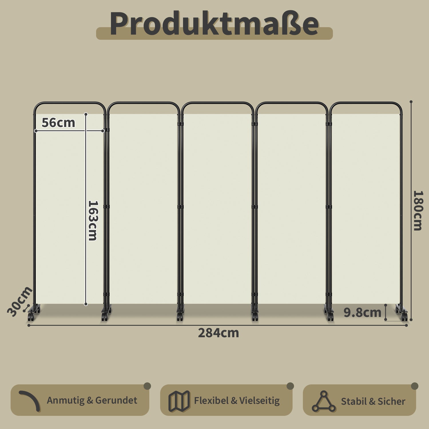 Rollbarer Raumteiler für Terrasse und Balkon, 360°-Raumteiler, Sichtschutz, zusammenklappbar und freistehend, geeignet für Garten, Büro und Terrasse, 185/228/263/284 cm