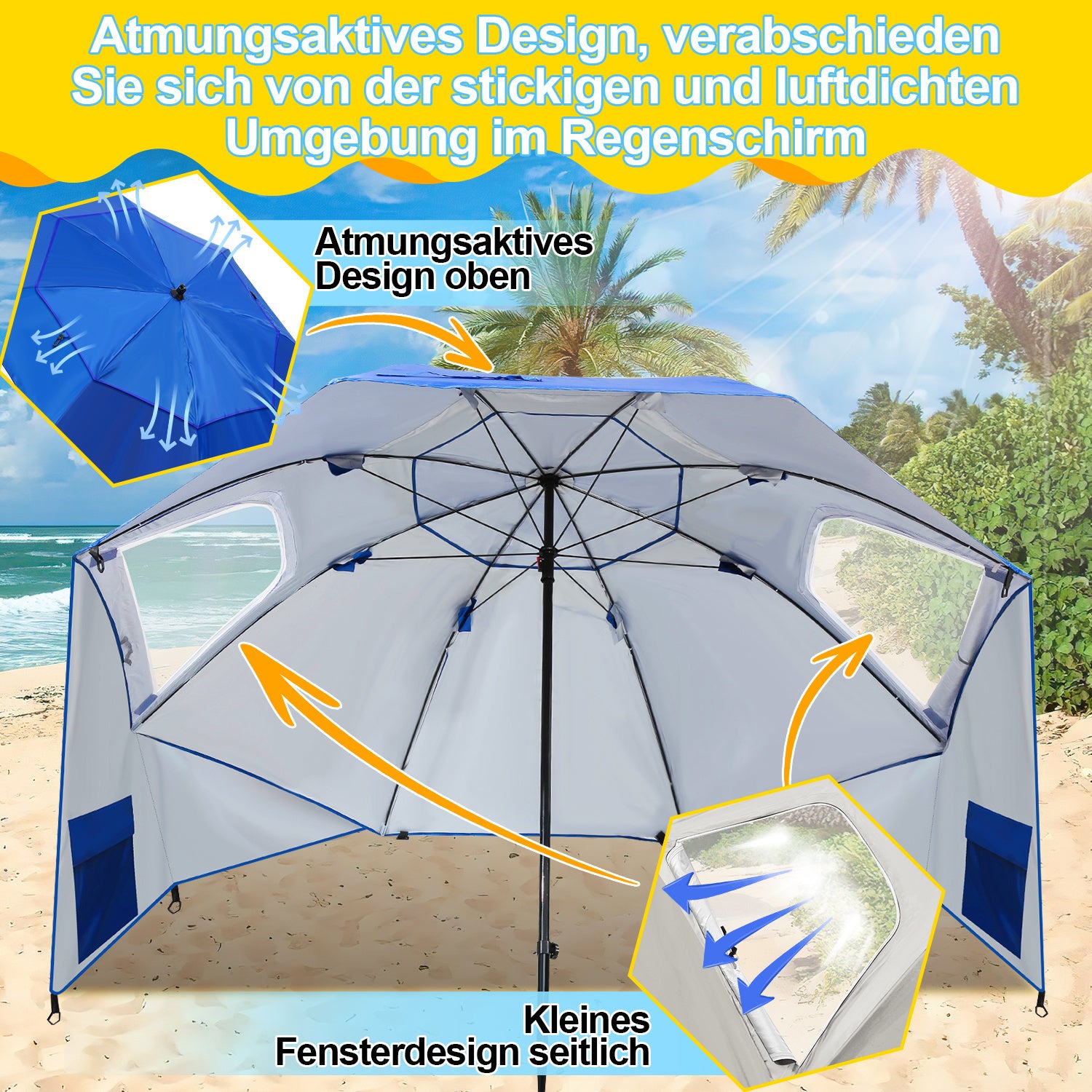 2-in-1-Aluminium-Auslegersonnenschirm – Sonnenschutz, UV-Schutz 50, 210 x 220 cm – Strand-/Garten-Sonnendach – zusammenklappbar, multifunktional, mit Fenster und Tragetasche