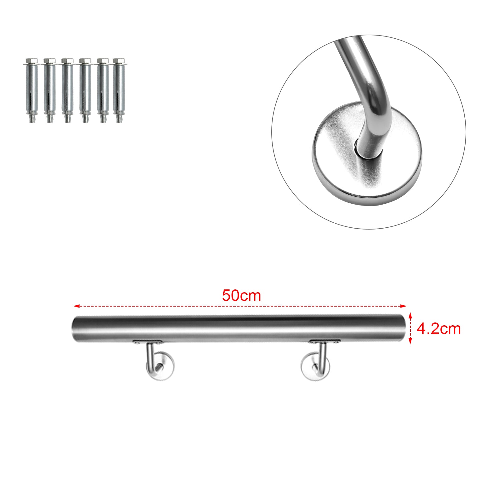 Geländer Treppengeländer, Edelstahl Handlauf, Wandhandlauf Innen & Außen, inkl. Wandhalterung und Endkappen, Rund Ø42mm, Treppe Wandhalter Haltegriff Stange