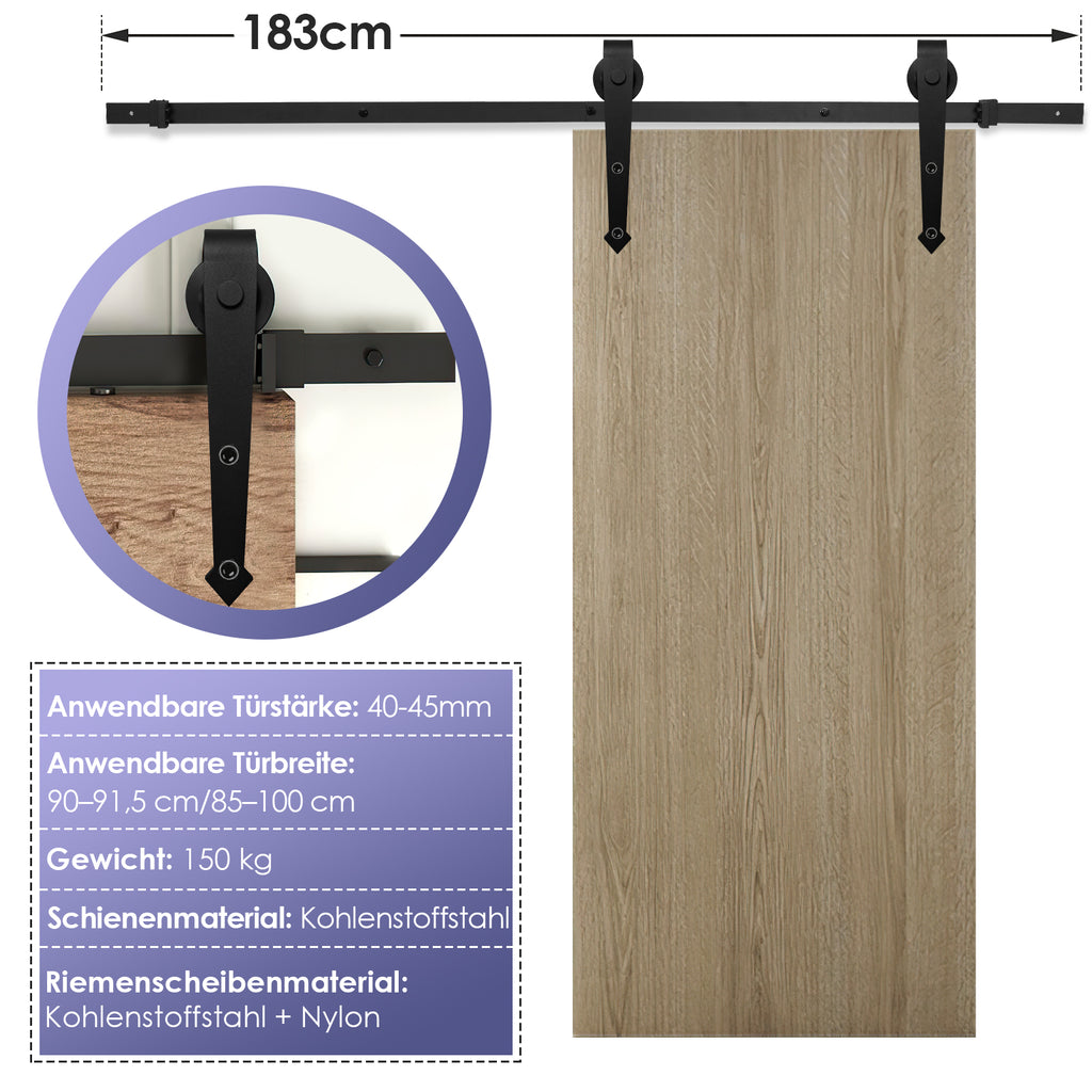 Schwarze Beschläge für Schiebetüren, pfeilförmige Beschläge für Schiebetüren, Schienen für Schiebetüren, geräuscharmer Lauf, erhältlich in den Längen 183 cm, 200 cm und 363 cm (Tür nicht im Lieferumfang enthalten)