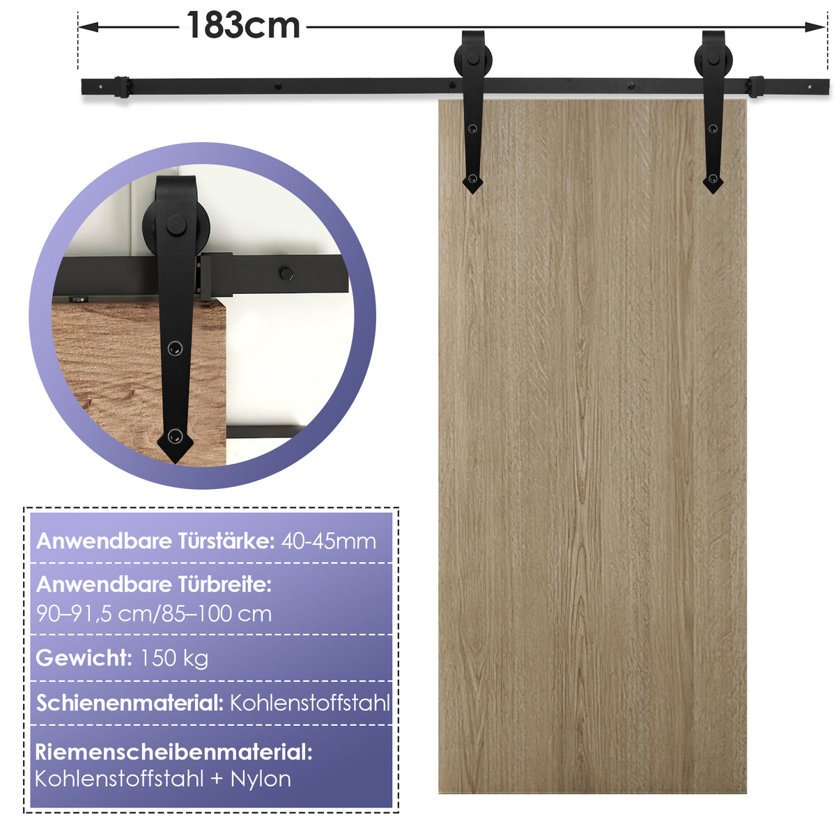 Schwarze Beschläge für Schiebetüren, pfeilförmige Beschläge für Schiebetüren, Schienen für Schiebetüren, geräuscharmer Lauf, erhältlich in den Längen 183 cm, 200 cm und 363 cm (Tür nicht im Lieferumfang enthalten)