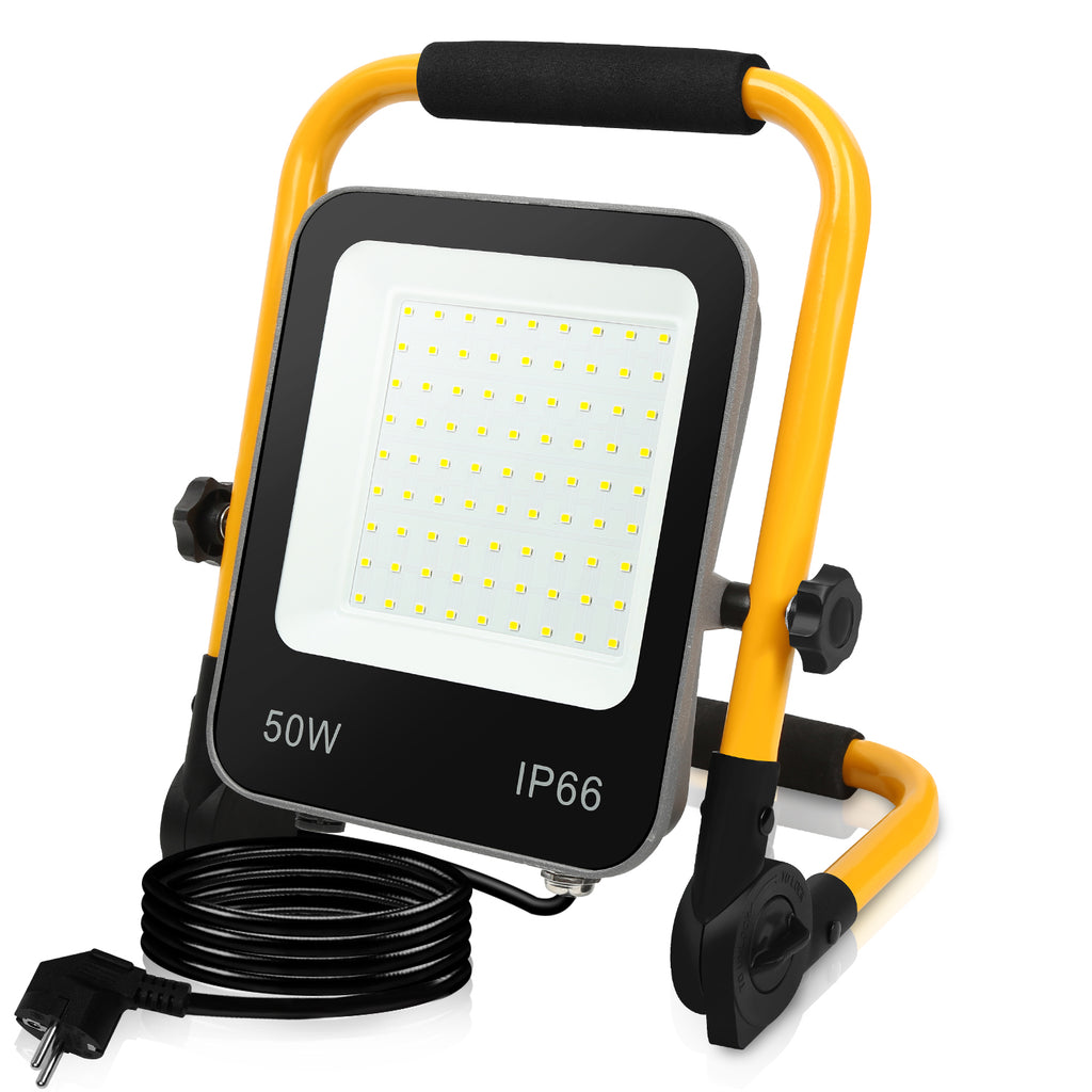 LED-Baustrahler, 50 W/100 W/150 W/200 W Arbeitsleuchten, tragbare LED-Arbeitsleuchten, Baustrahler mit kaltweißem Licht, Schutzklasse IP66, mit 3 Meter langem Kabel und klappbarem Stativ, geeignet für Baustellen (mit Stecker)