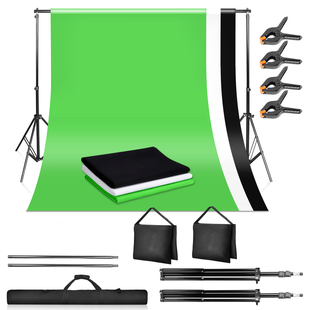Hintergrund Ständer, 2x3M Hintergrundsysteme mit 3 Hintergrundstoffe (Grün/Weiß/Schwarz), Fotostudio Hintergrundsystem für Green Screen, Portrait und Videoaufnahme