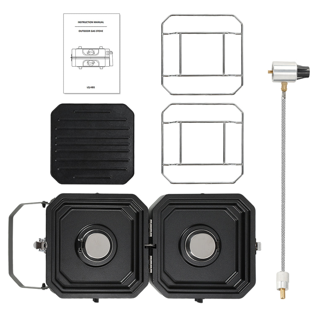 Campingkocher 2 Flammen 4,6 kW mit Grillplatte, Faltbarer Gaskocher mit Zündsicherung, Tragbarer Camping Gaskocher mit 0,5 m Schlauch & Tragetasche, Gasherd für Camping Vanlife Outdoor Küche