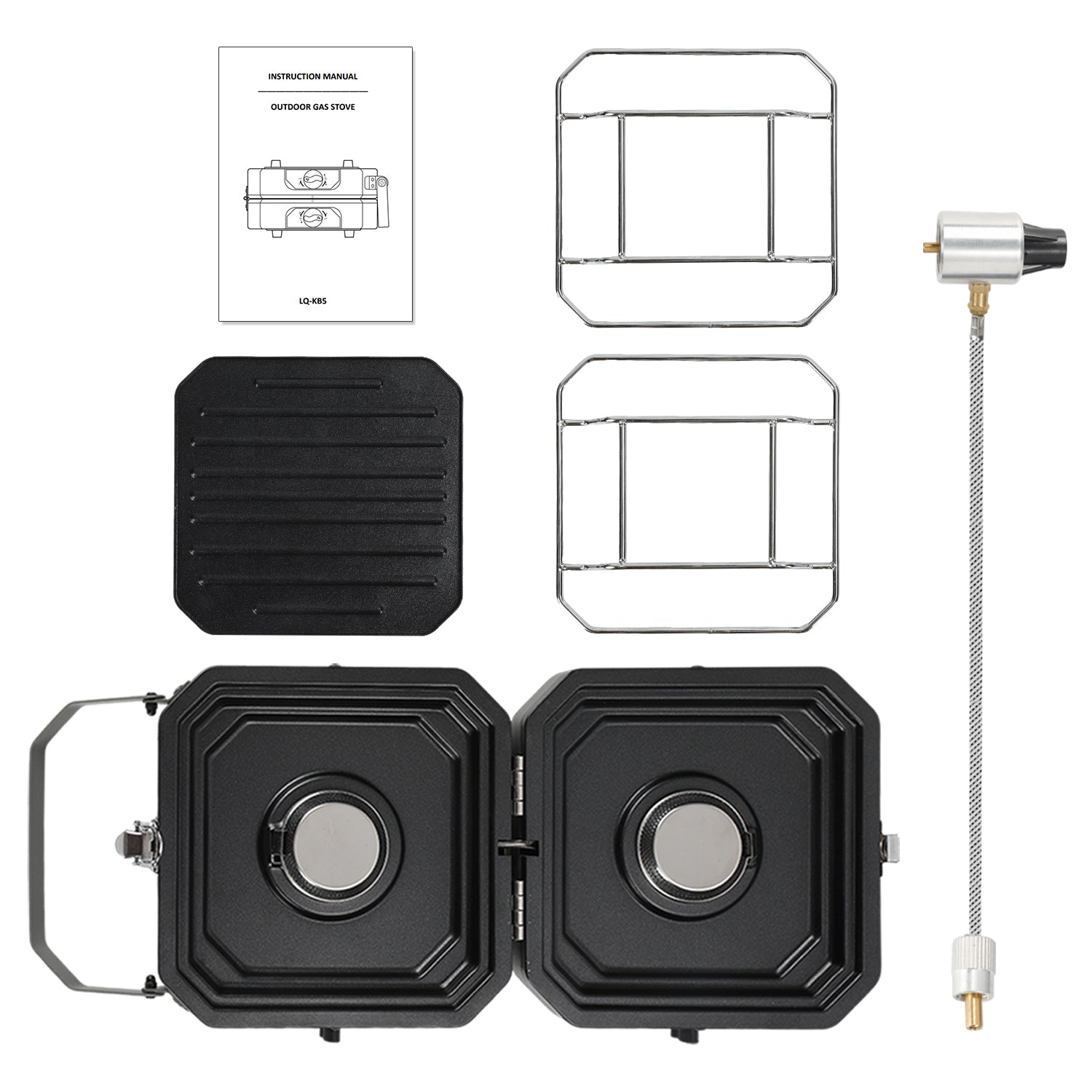 Campingkocher 2 Flammen 4,6 kW mit Grillplatte, Faltbarer Gaskocher mit Zündsicherung, Tragbarer Camping Gaskocher mit 0,5 m Schlauch & Tragetasche, Gasherd für Camping Vanlife Outdoor Küche