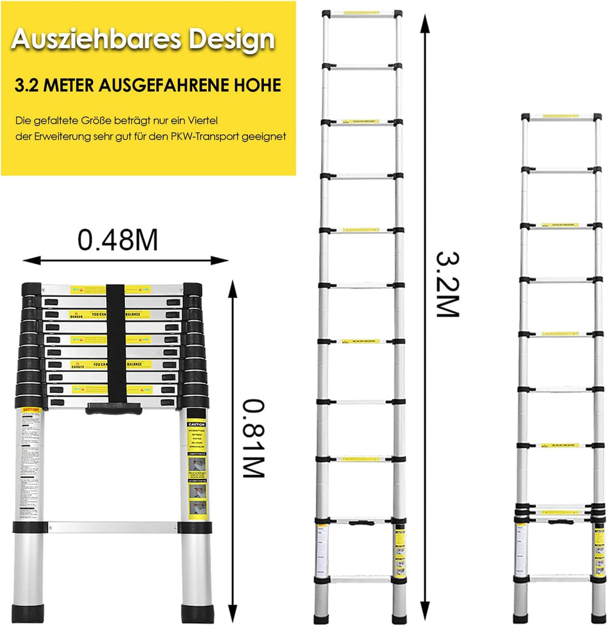 2.6m/3.2m/3.8m/4.4m Teleskopleiter, Aluminiumleiter Ausziehbare Leiter mit rutschfesten Füßen, Mehrzweckleiter für Dachboden, Stehleiter, Tragbar Leichte Leiter 150 kg Belastbarkeit