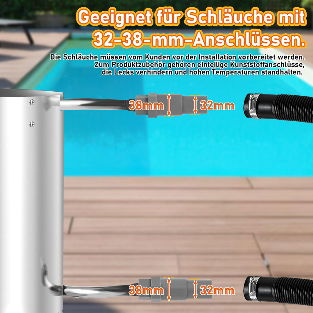 Brennholz Poolheizung, Poolheizung mit Feuer, Poolheizung Feuertonne, Edelstahl Pool beheizt Feuer Eimer 32/38mm Anschlüsse, 100% rostfreier Edelstahl mit Feuerfeste Matte und Rußschublade