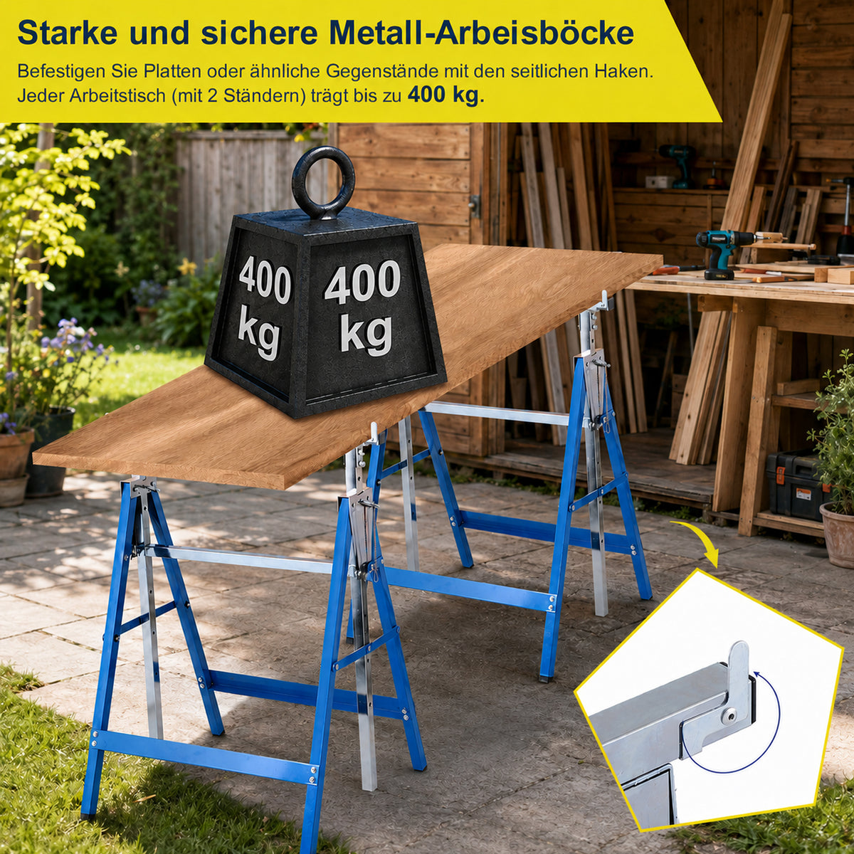 Arbeitsständer, 2er-Set, höhenverstellbar, 7 Stufen (80–130 cm), Gerüstständer, Tragkraft 400 kg pro Paar, klappbare Ständer für Haushalt, Werkstatt und Garten, blau